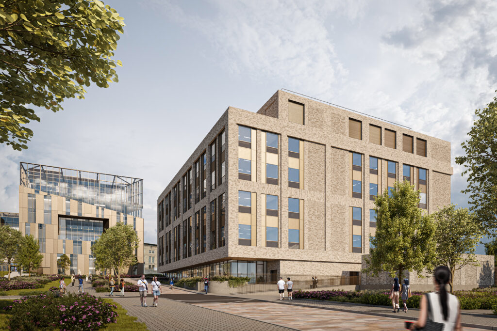 Exterior of a beach coloured building named the Emily Siddon Building.