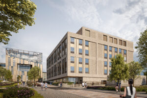 Exterior of a beach coloured building named the Emily Siddon Building.