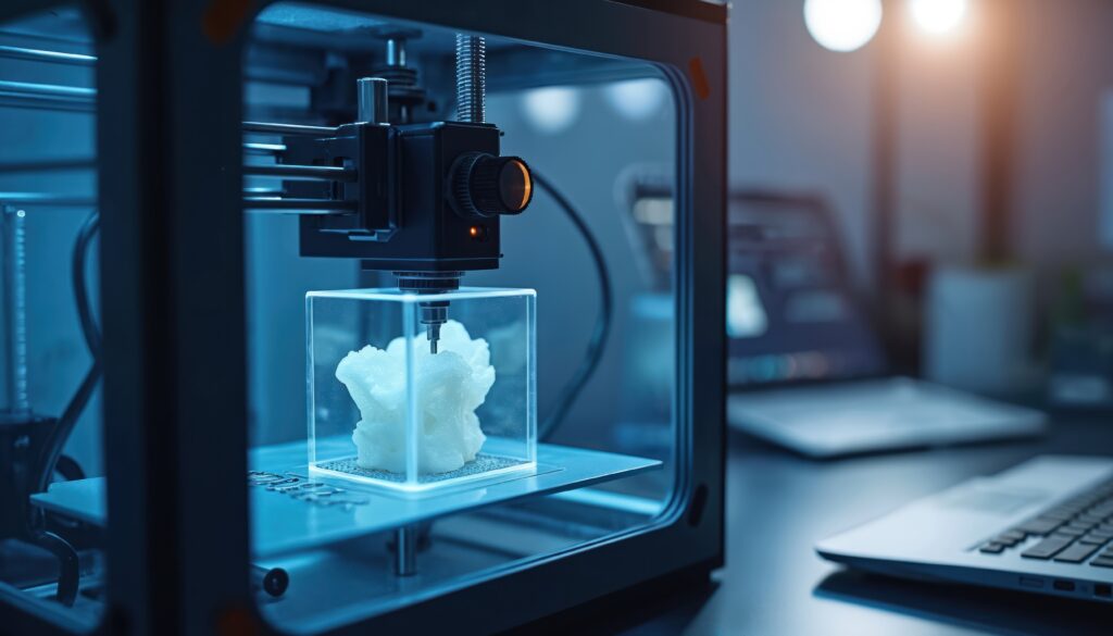 A 3D printed bone tissue inside a printer.