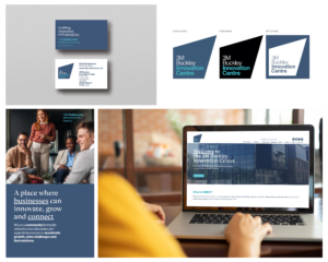 3M BIC unveils brand refresh with a collage of brand materials for the 3M Buckley Innovation Centre including business cards, logo variations, a group of people and laptop displaying the refreshed branding on the website.