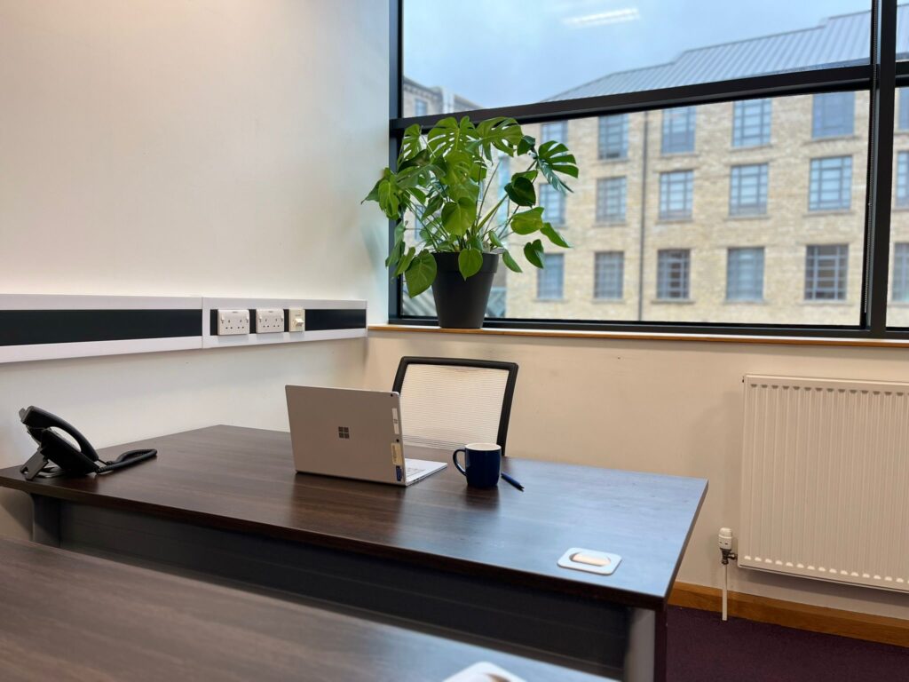Office desk with a laptop, mug and telephone beside a large window with a potted plant. Start up office space