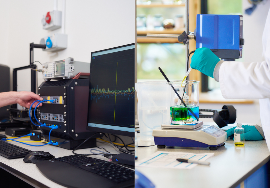 Dry lab computer and testing equipment alongside a wet lab researcher adding liquid to a beaker with a pipette.